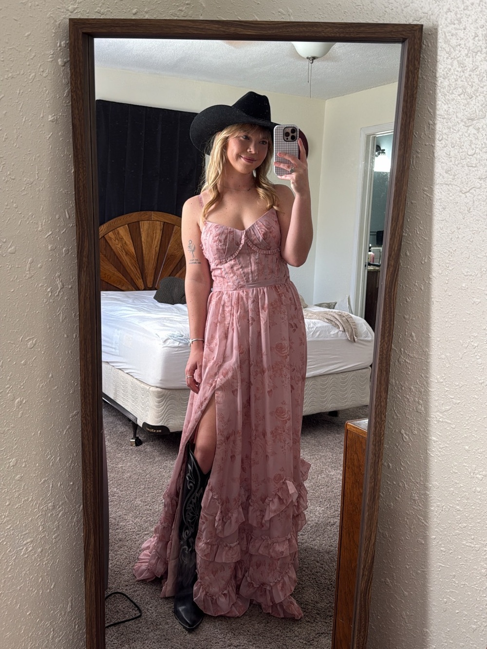 Amazon Women's Dusty Rose Floral Ruffled Maxi Dress